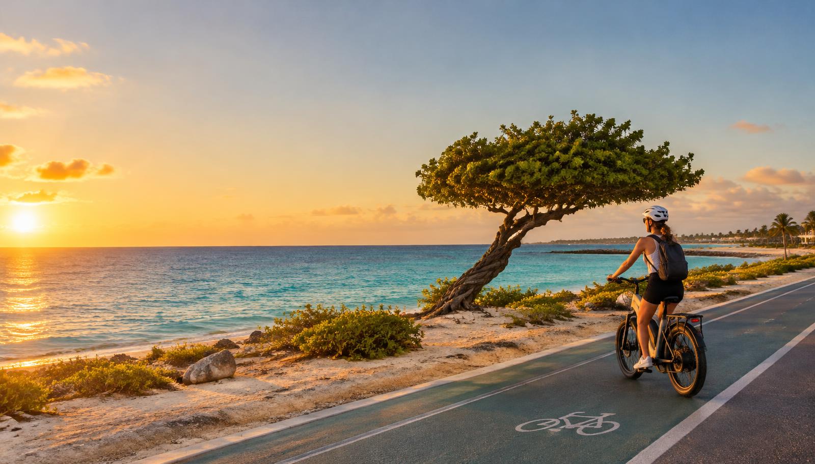 Helmeted e-bike rider on Aruba's coastal bike lane